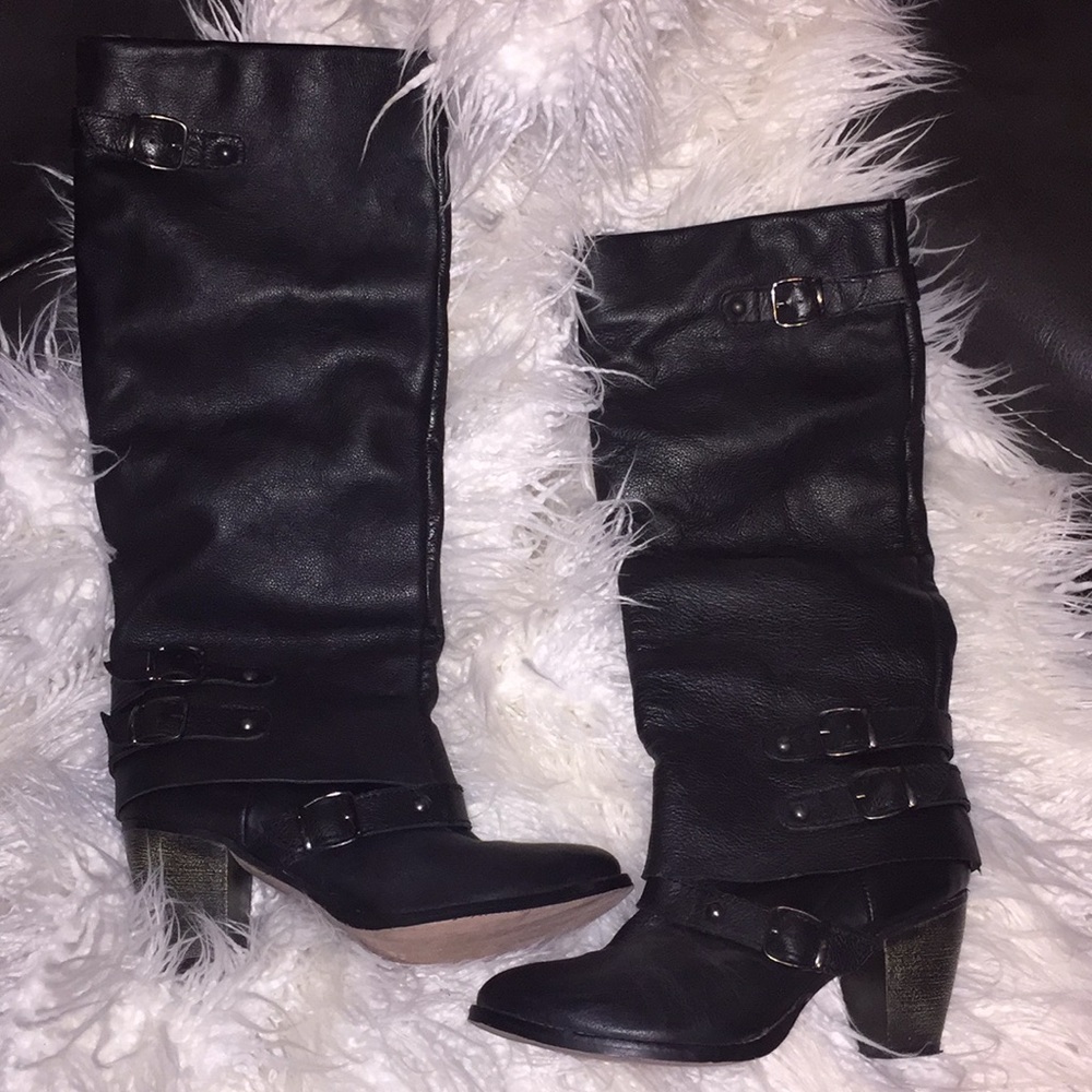 Ladies Black Buckle Leather Boots